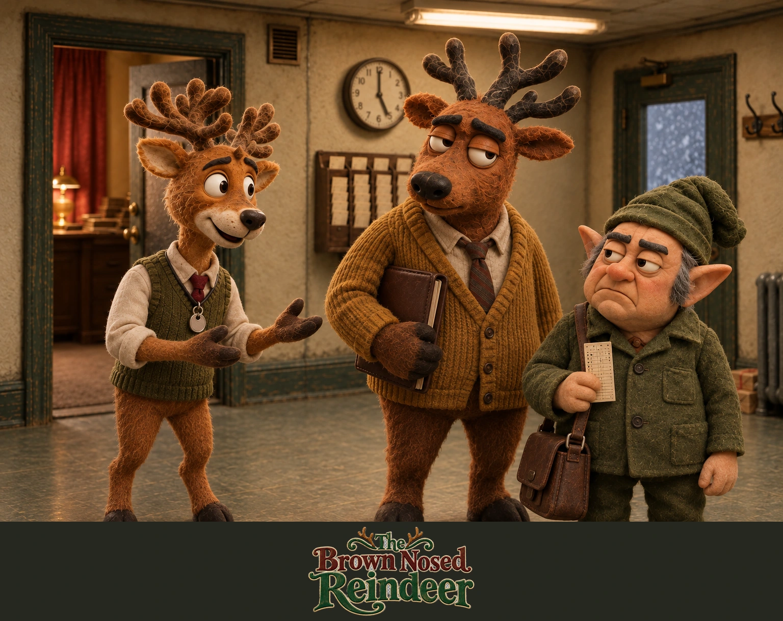 The Brown Nosed Reindeer: Niels, Roscoe, Erling i universets miniaturekulisse, med universets titellogo