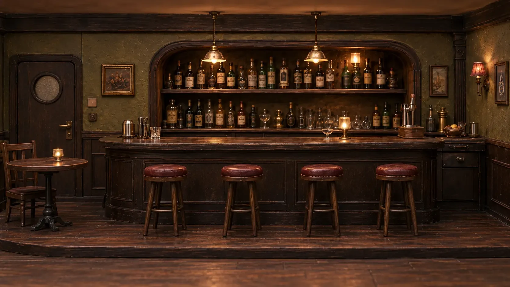Normanimals’ bar med mørkt træ, røde barstole og varmt scenelys