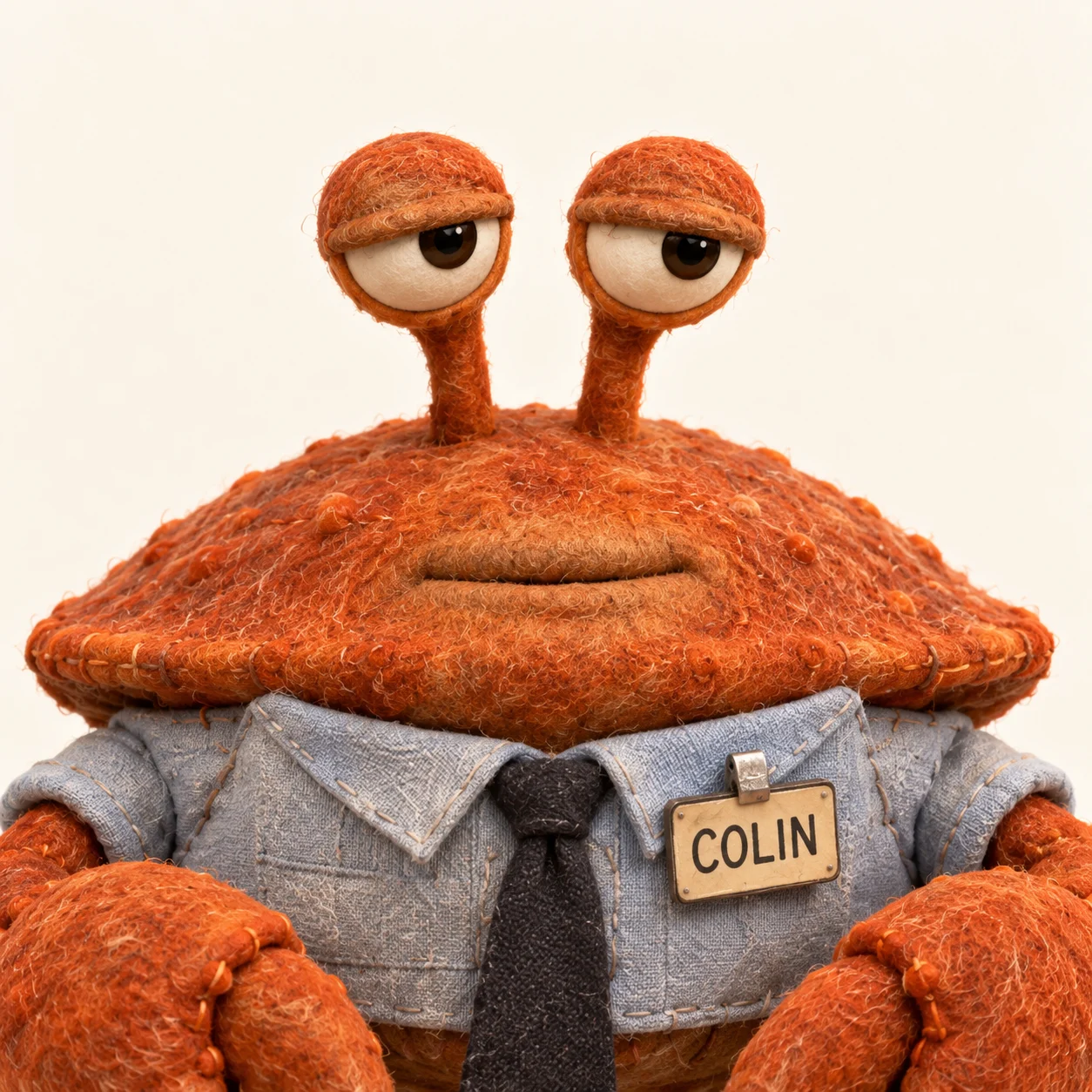 Colin, en orange krabbe i grå skjorte