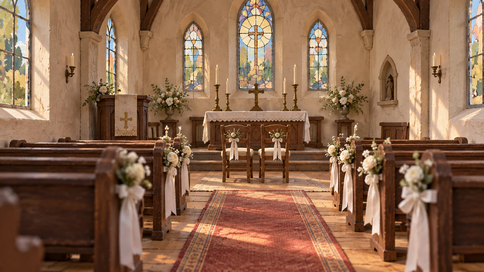 Kirkens miniaturekulisse med alter, bænke og rød løber